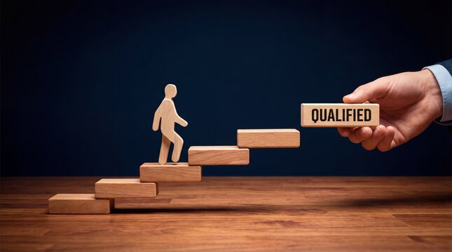 Wooden figure climbing steps toward qualified block career development and skill achievement concept