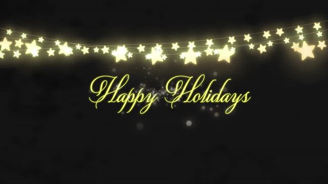 Animation of happy holidays text over fairy lights and flickering fireworks