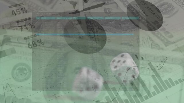 Animation of data processing over dices and banknotes