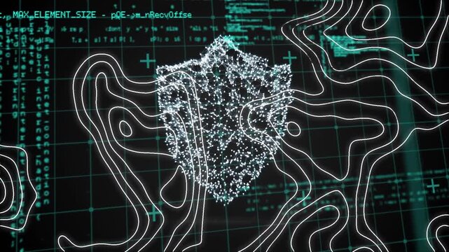 Animation of digital shield over isohypses and data processing on black background