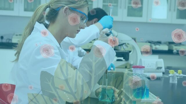 Animation of flower icons over diverse scientists with pipette