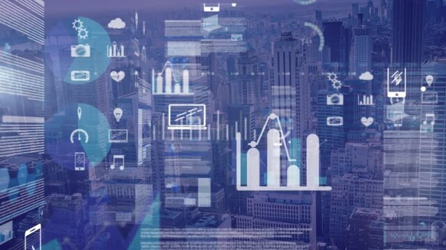 Composition of text and white writing on with data processing over modern cityscape