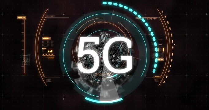 Animation of three connected green media icons over staff in office using headsets and computers