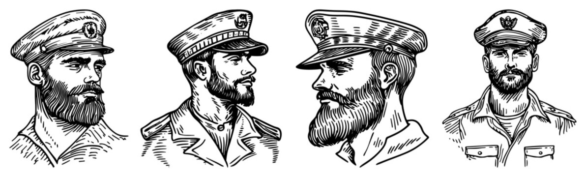 Hand Drawn Vector Portraits of Bearded Sea Captains and Sailors Wearing Hats in Vintage Engraving Style