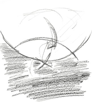 Dessin abstrait au crayon, compos&eacute; de formes circulaires en noir et blanc.