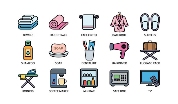 Hotel room amenities illustrated icons set with towels, bathrobe, coffee maker, safe box, tv