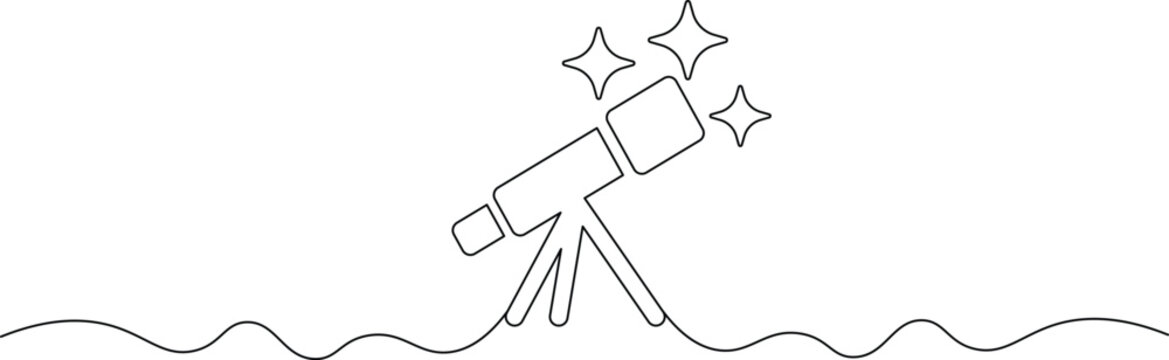 A simple line drawing of a telescope pointed at the stars above a wavy horizon