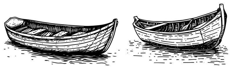 Abandoned wooden rowboats with oars on shore vintage woodcut engraving style vector illustration © Mago