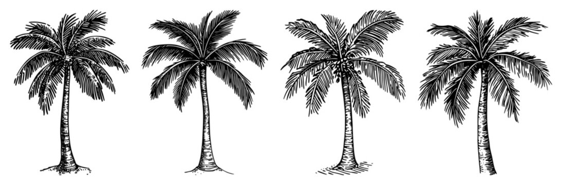Detailed Hand Drawn Vector Set of Tropical Coconut Palm Trees in Engraving Style