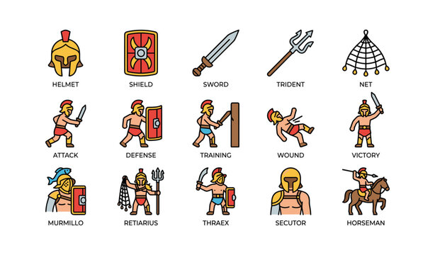 Gladiator icon set: weapons, combat, and victory scenes