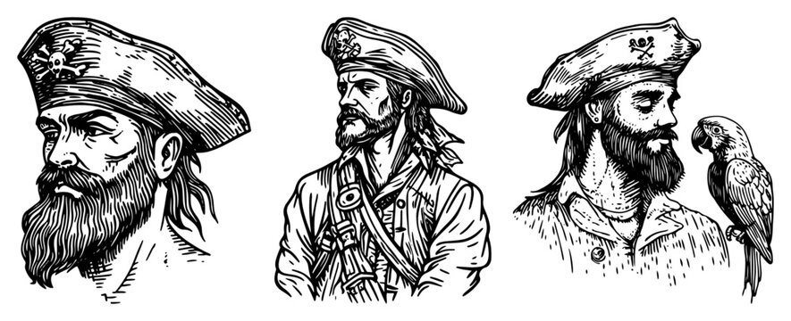 Pirate captain portrait vector illustration set with beard and parrot in hand drawn sketch style