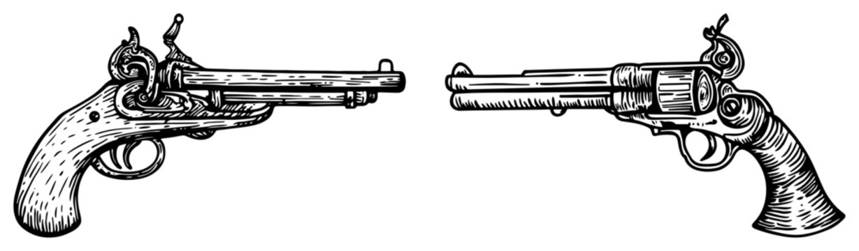 Pair of antique flintlock pistols or pirate muskets vintage woodcut engraving style vector illustration