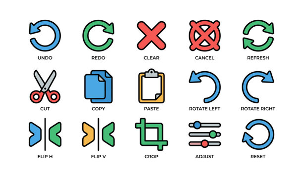 Colorful set of edit and control icons for digital tools