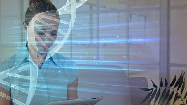 Animation of digital rotating dna helix and lightbeam over caucasian entrepreneur using digital pc