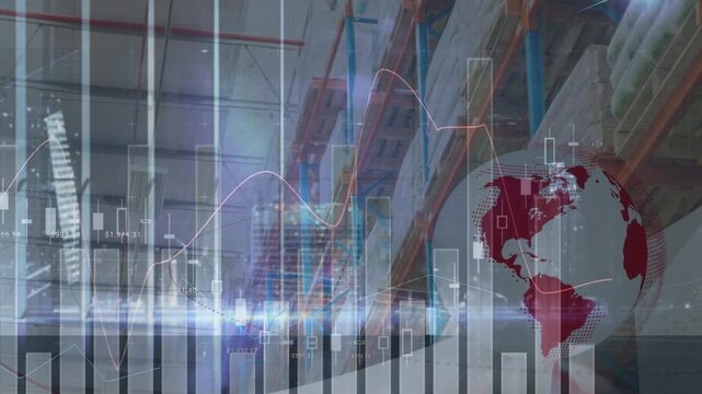 Animation of graphs on digital interface, globe rotating against shelves in factory