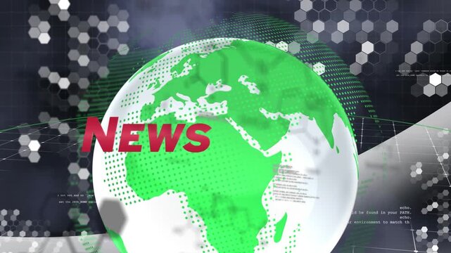 Animation of globe, new, data processing and hexagons on grey background