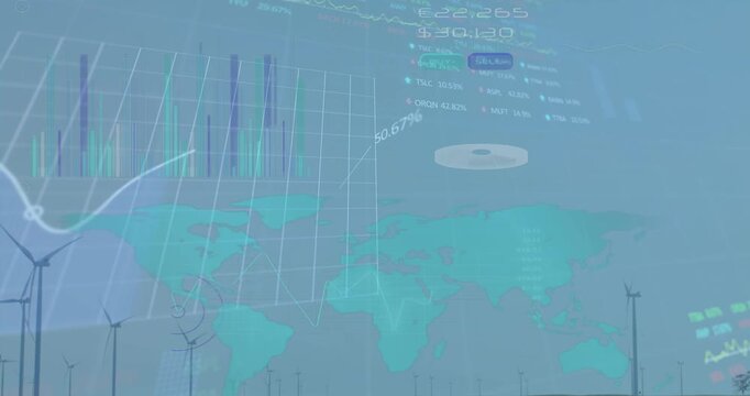Animation of graphs, charts with world map against wind turbines on field