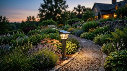 Fototapeta premium A solar-powered post light illuminates a winding path through a lush garden at dusk. The light casts a warm glow on the gravel pathway and highlights the vibrant flowers and foliage.