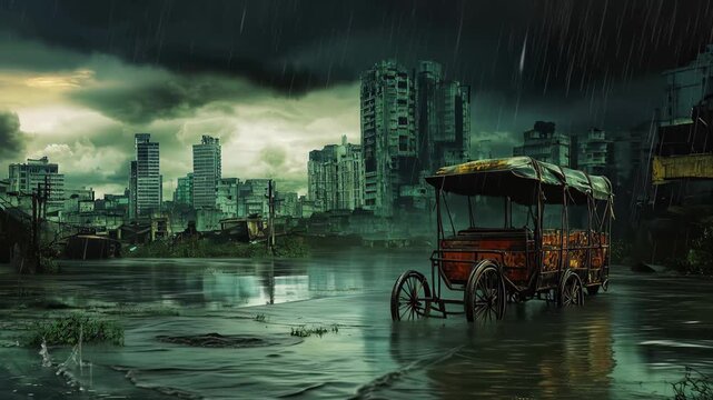 Heavy rain falls on an abandoned rickshaw in a flooded city with tall buildings and dark skies during a stormy evening