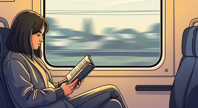 A woman sits on a train reading a book by the window seat.