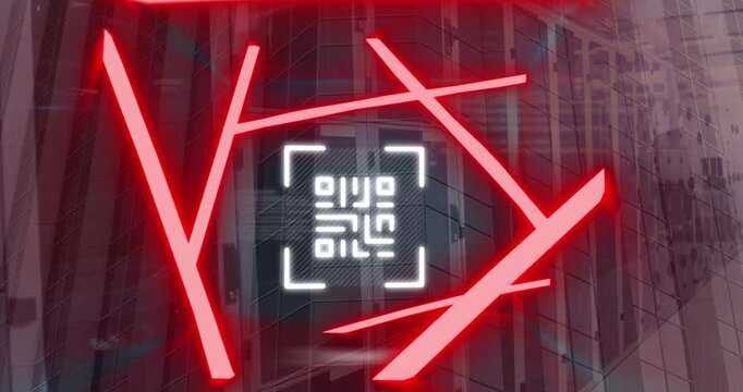 Animation of qr code and data processing over cityscape and computer servers