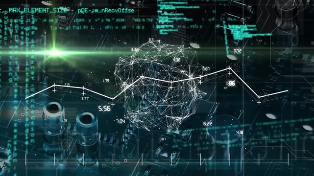 Animation of globe of network of connections and data processing against close up of a motherboard