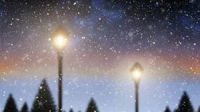 Animation of snowflakes falling over winter landscape with tall trees and street lamps