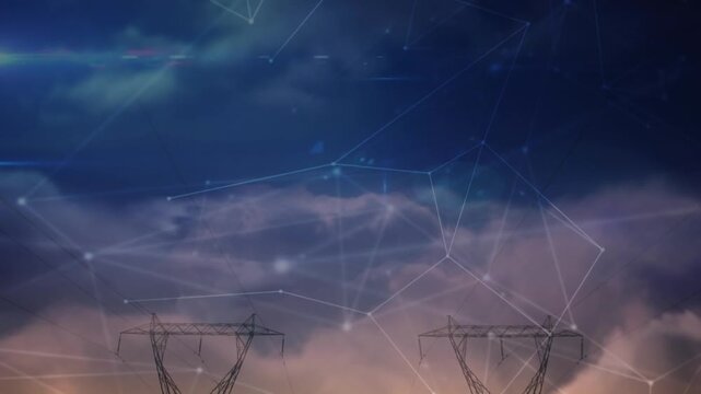 Animation of network of connections over network towers against clouds in the sky
