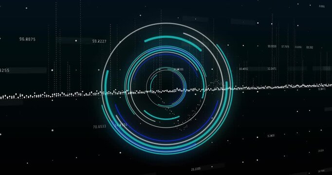 Animation of neon round scanner over data processing against black background