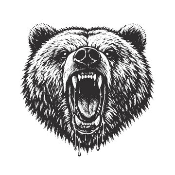 Aggressive Roaring Grizzly Bear Head, Angry Wild Animal Engraving Style