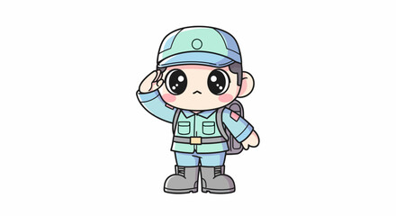 Fototapeta premium Cute cartoon soldier illustration of a child saluting with a backpack