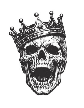 Grim Reaper Skull in Royal Crown Illustration, Black and White Engraving Style