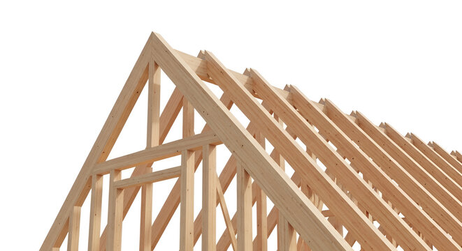 Closeup of unfinished wooden roof trusses and framing against a white background, architectural construction