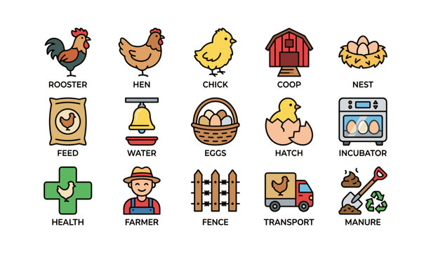 Farm icon set featuring rooster hen chick coop eggs and farming supplies