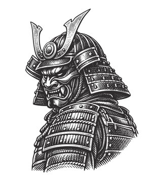 Japanese Samurai Warrior in Traditional Armor and Oni Mask, Engraving Style Vector Art
