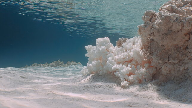 Salt crystals creating unique natural formations on the sandy bottom of an extremely saline body of water beneath a clear surface, highlighting mineral abundance