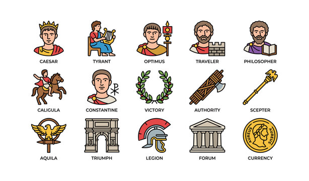 Ancient roman symbols and figures illustration: caesar, tyrant, optimus, and more