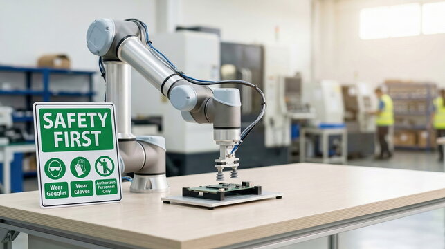 A collaborative robot (cobot) precisely assembles an electronic circuit board in a modern smart factory, emphasizing safety first with a prominent sign.