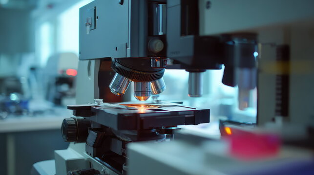Microscope focusing on a slide in a modern laboratory, capturing close up medical and biotech research testing and analysis that drives discovery, innovation, and clinical development