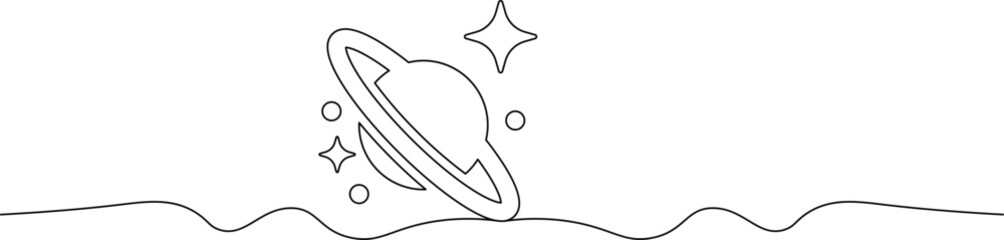 A minimalist line drawing of a planet with rings and stars in a simple, celestial landscape © Safdarali