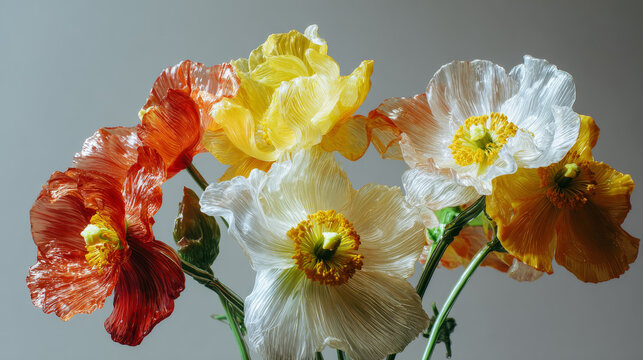 a realistic bouquet of spring flowers, minimal composition, highly detailed photography style of an intricate glass sculpture.