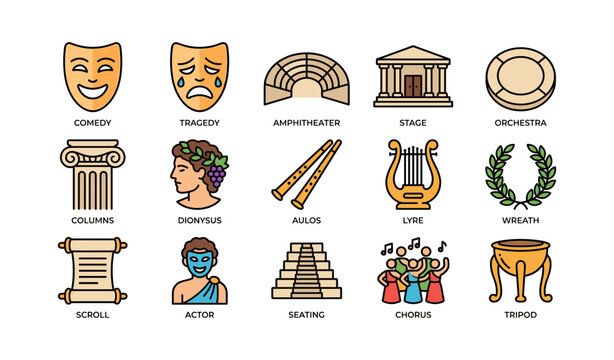 Ancient greek theater elements - symbols of comedy, tragedy, dionysus, and amphitheater architecture
