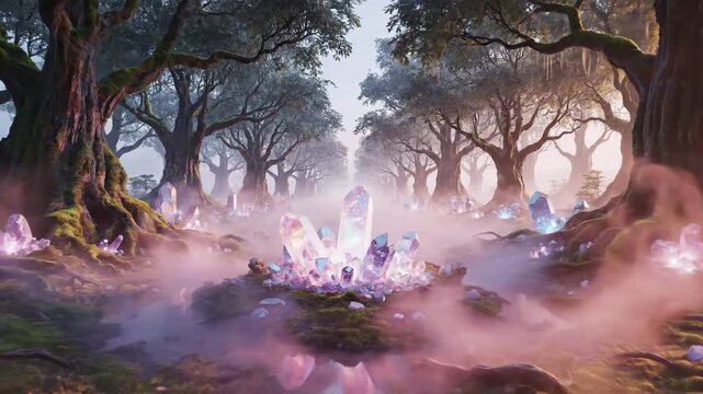Enchanted Forest Path Lined with Glowing Crystals