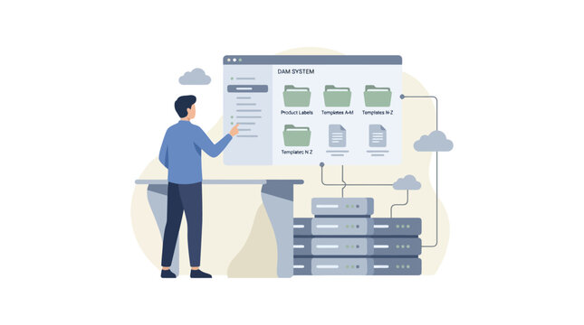 IT professional managing server infrastructure and cloud data storage. EPS Editable. Vector Illustrations.
