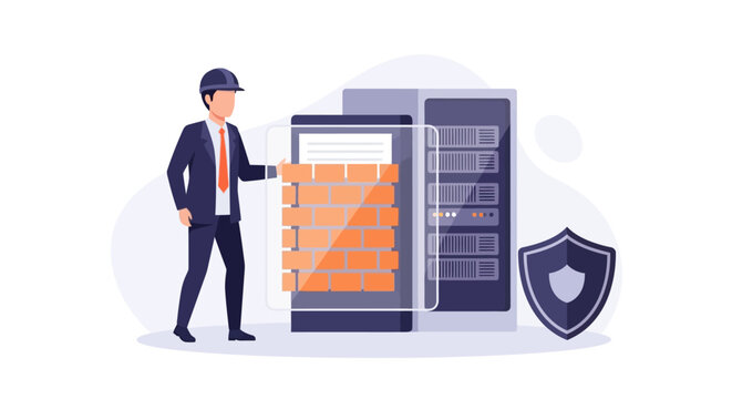 IT professional technician managing and securing server infrastructure. EPS Editable. Vector Illustrations.