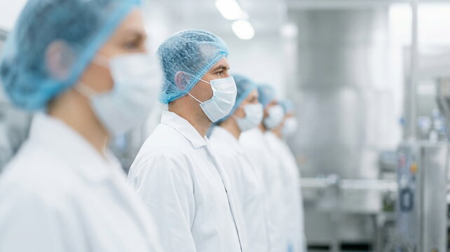 Professional team of workers in cleanroom uniforms, masks, and hairnets ensuring quality control in a sterile manufacturing facility.