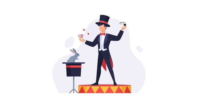Magician performing a classic rabbit out of a hat trick on stage. EPS Editable. Vector Illustrations.