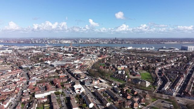 4K drone footage showing Birkenhead Merseyside with a clear neighbourhood layout and mixed housing styles.