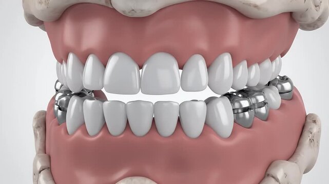 A detailed 3D rendering showcases a dental model with metal braces correcting a gap between teeth, highlighting orthodontic treatment and dental health.