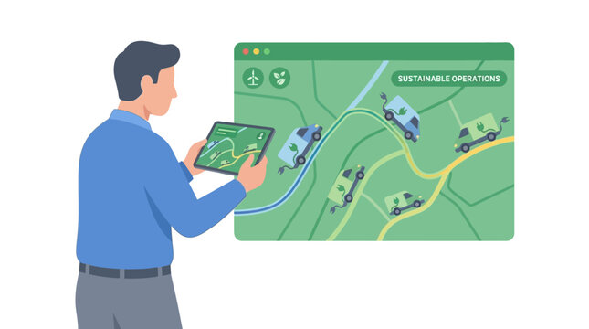 Logistics manager monitoring vehicle fleet routes on digital tablet screen. EPS Editable. Vector Illustrations.